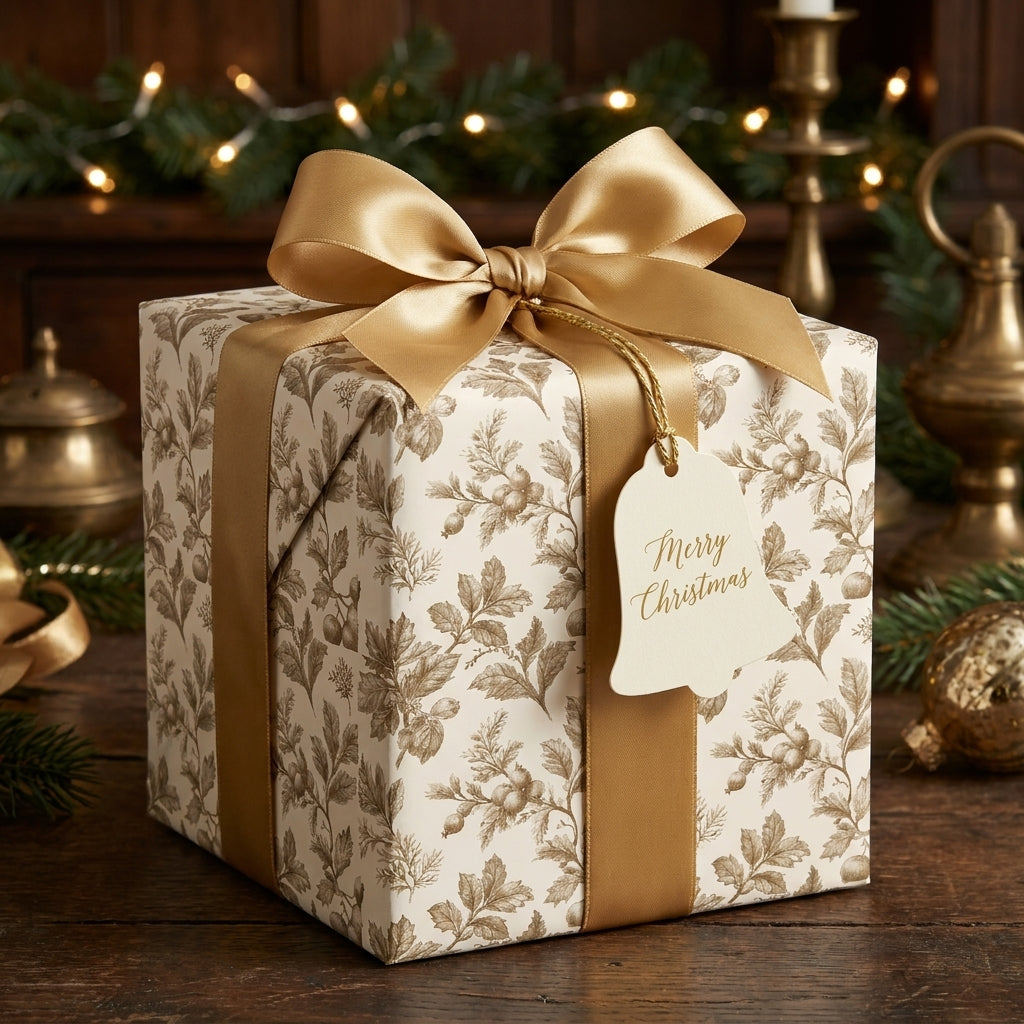 Luxury Christmas gift wrap with gold botanical pattern and satin bow by Wrapped Studios.