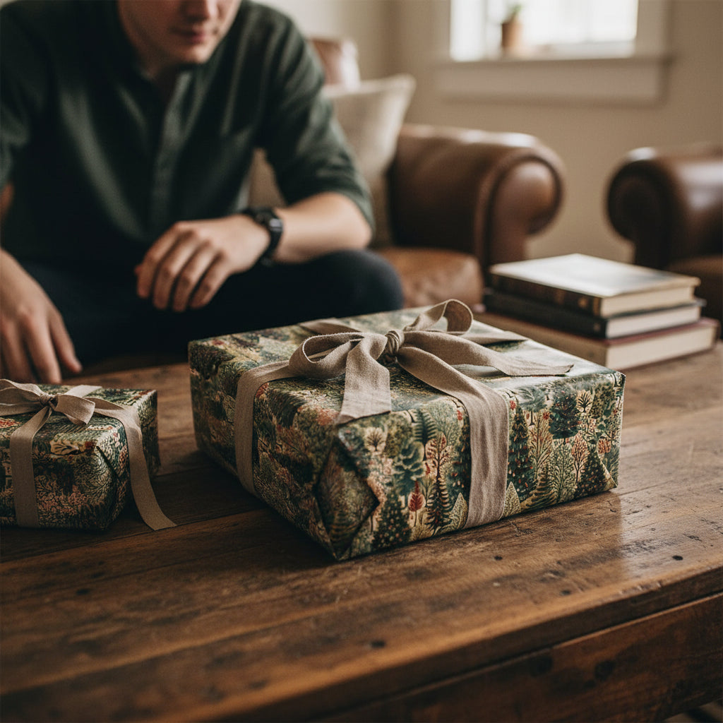 Gifts wrapped in elegant botanical pattern wrapping paper with taupe ribbon bows on a rustic wooden table.