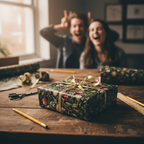 Festive holiday wrapping paper with a beautiful botanical pattern and gold ribbon, perfect for Christmas gifts, with a happy couple in the background.