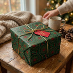 Luxury green and gold Christmas wrapping paper by Wrapped Studios on a cozy holiday gift box.