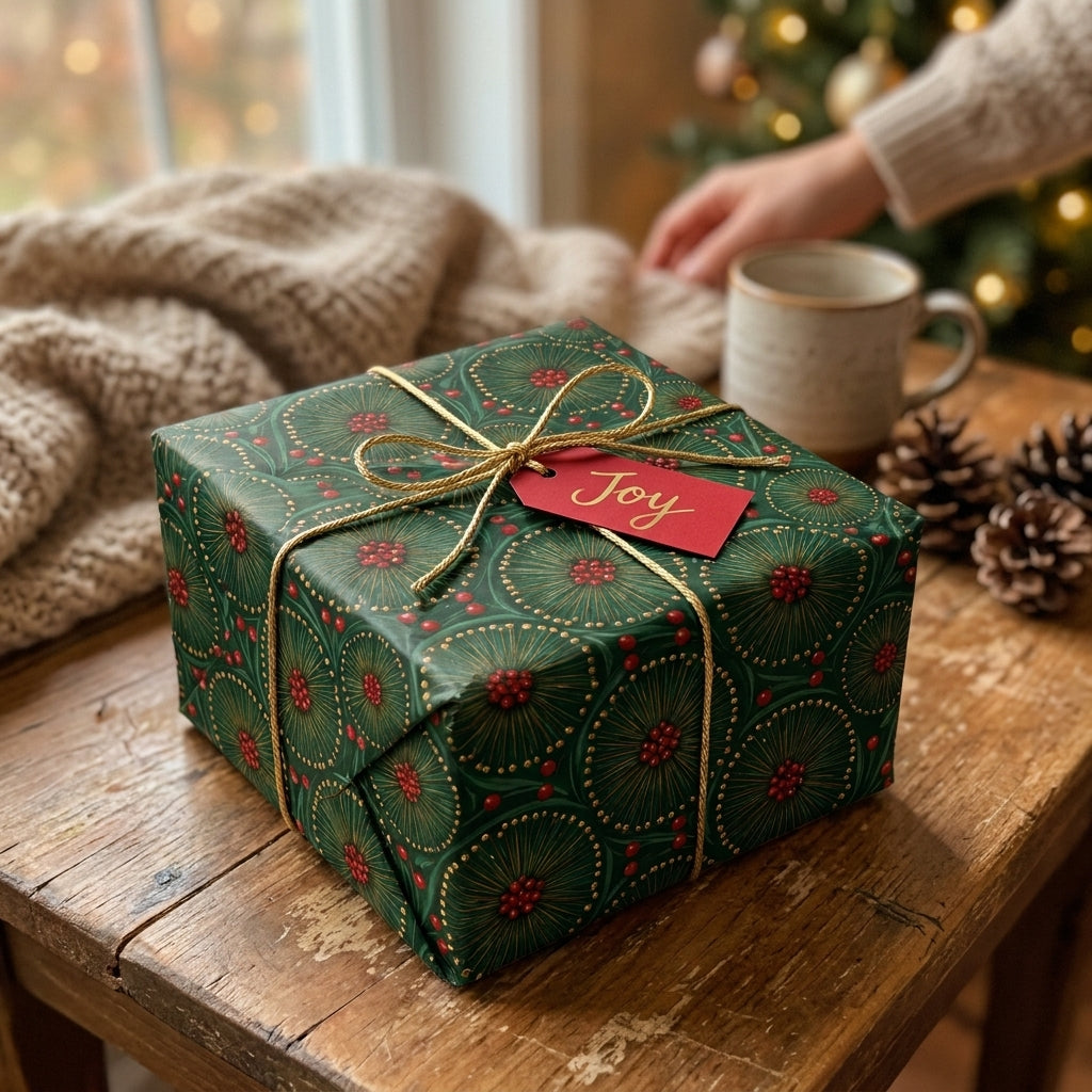 Luxury green and gold Christmas wrapping paper by Wrapped Studios on a cozy holiday gift box.