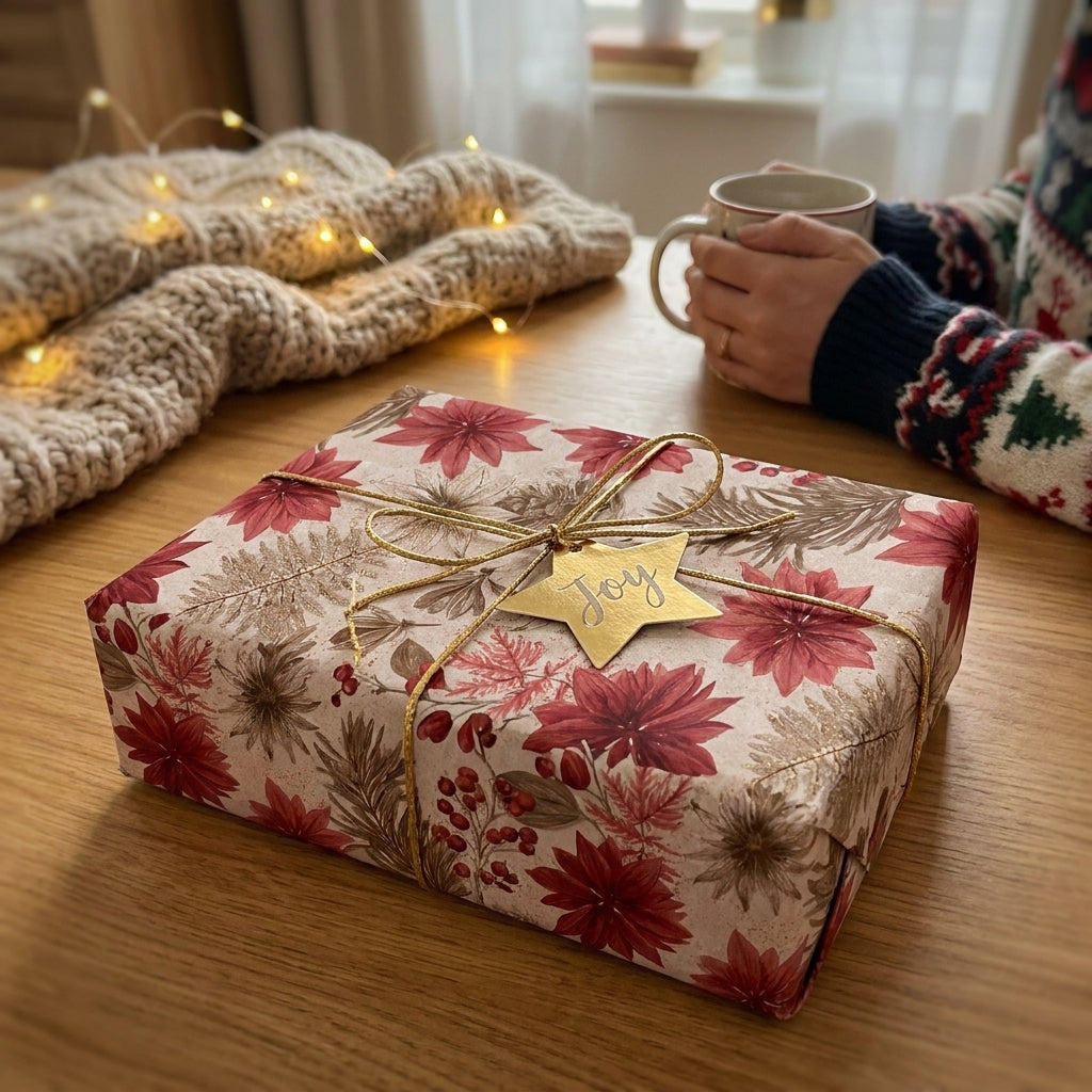 Vintage floral Christmas wrapping paper with a gold 'Joy' star tag on a gift box by Wrapped Studios.