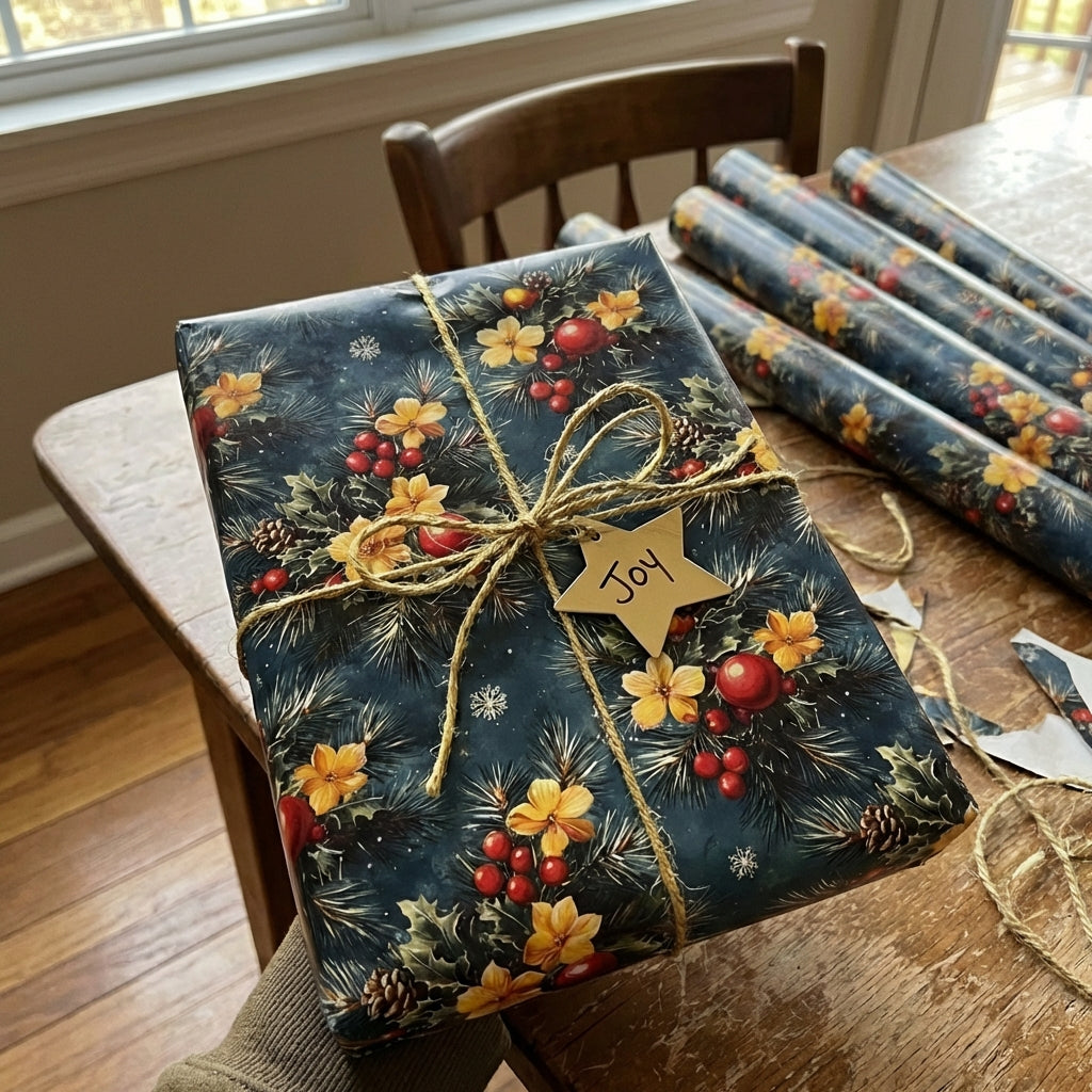 Dark blue floral gift wrap with pinecones, red berries and a twine bow with "Joy" tag.