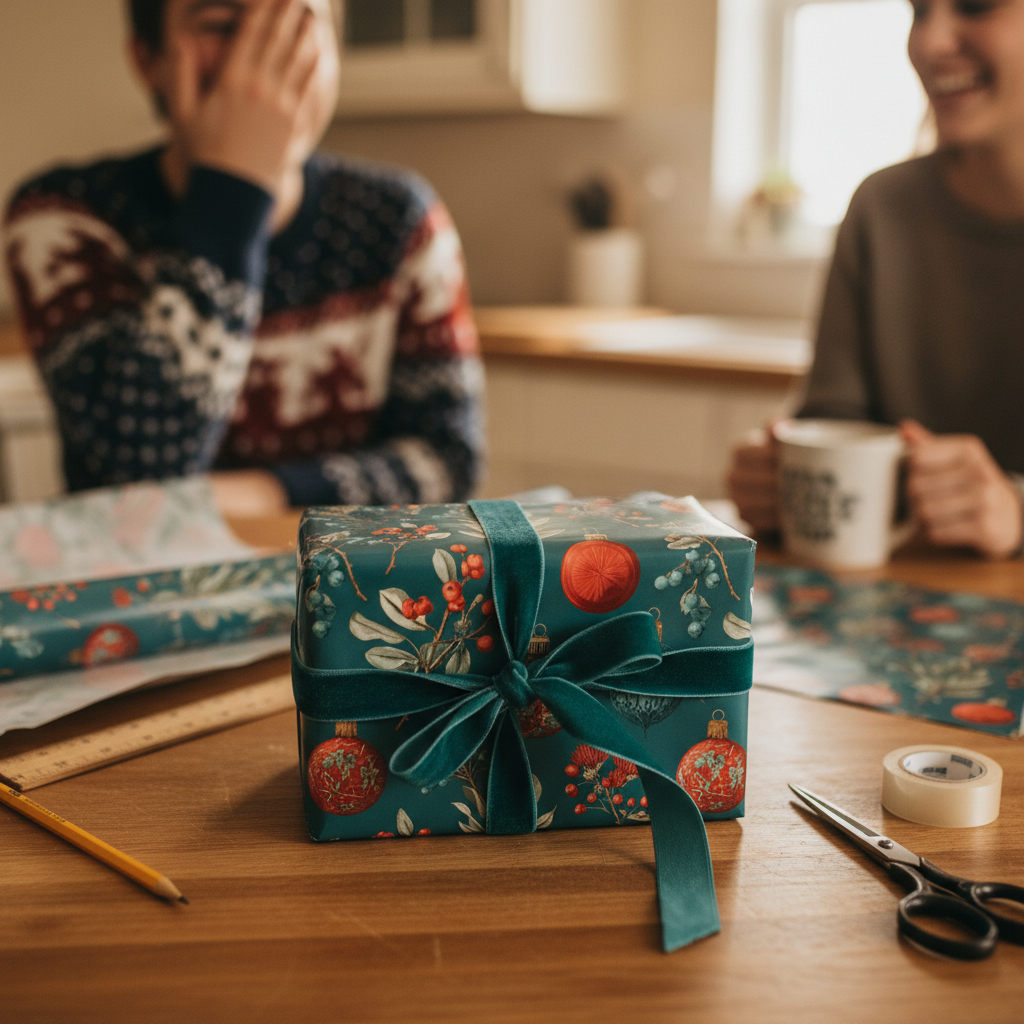 Luxury Christmas gift wrap with a festive botanical and ornament pattern, tied with a deep teal velvet ribbon, on a wooden table.