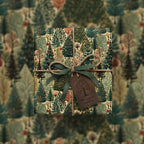 Elegant Christmas gift wrapped in botanical forest wrapping paper with green ribbon and twine.