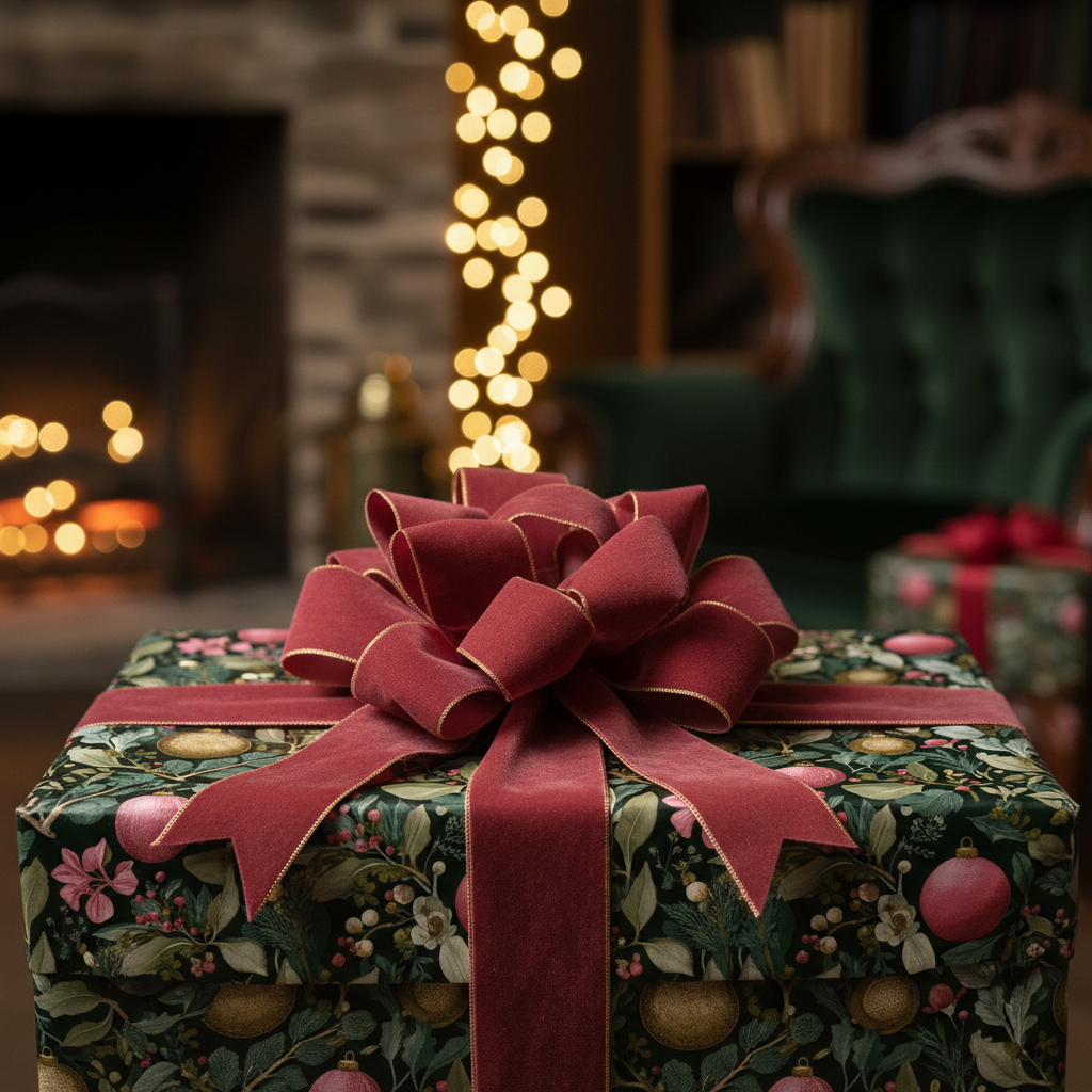 Luxury Christmas gift with vintage floral wrapping paper, deep red velvet ribbon, and gold trim, set in a cozy holiday living room.