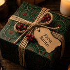Rustic green Christmas wrapping paper with berry pattern, twine bow, and From Santa tag by Wrapped Studios.