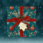Elegant winter magic gift wrap with a teal vintage botanical pattern, red velvet ribbon, pinecones, and a festive gift tag, perfect for Christmas.