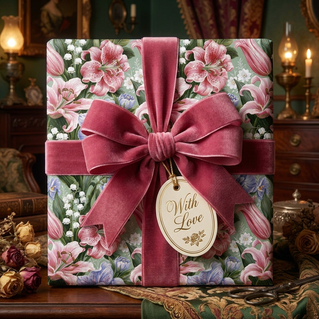 Luxury floral wrapping paper with pink lilies, rose velvet bow, and With Love tag by Wrapped Studios.