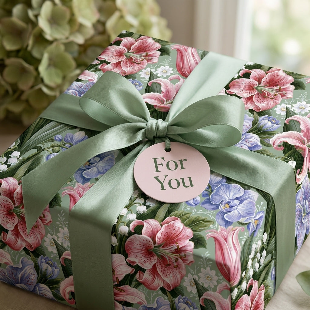 Luxury botanical floral wrapping paper with pink lilies, green bow, and For You tag by Wrapped Studios.