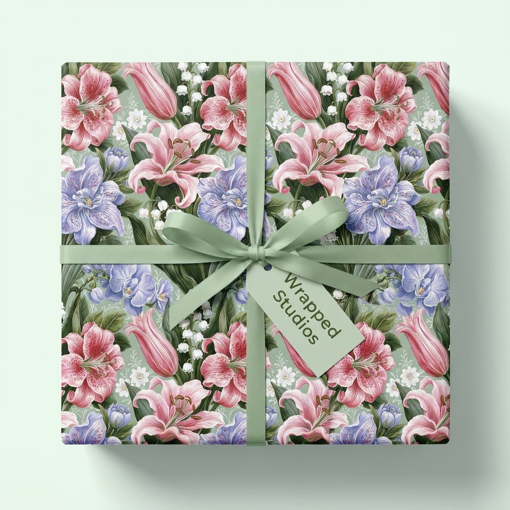 Vintage floral wrapping paper featuring pink lilies and a green ribbon by Wrapped Studios.
