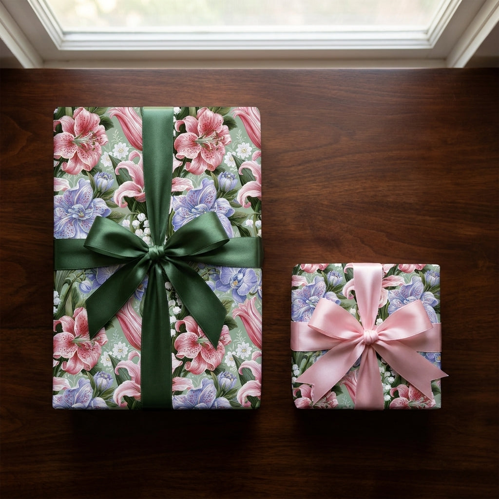 Luxury floral wrapping paper with pink lilies and satin ribbons on gift boxes by Wrapped Studios.