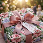 Elegant floral birthday wrapping paper with a dusty pink bow, by Wrapped Studios.