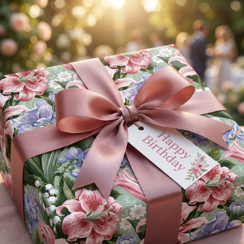 Elegant floral birthday wrapping paper with a dusty pink bow, by Wrapped Studios.