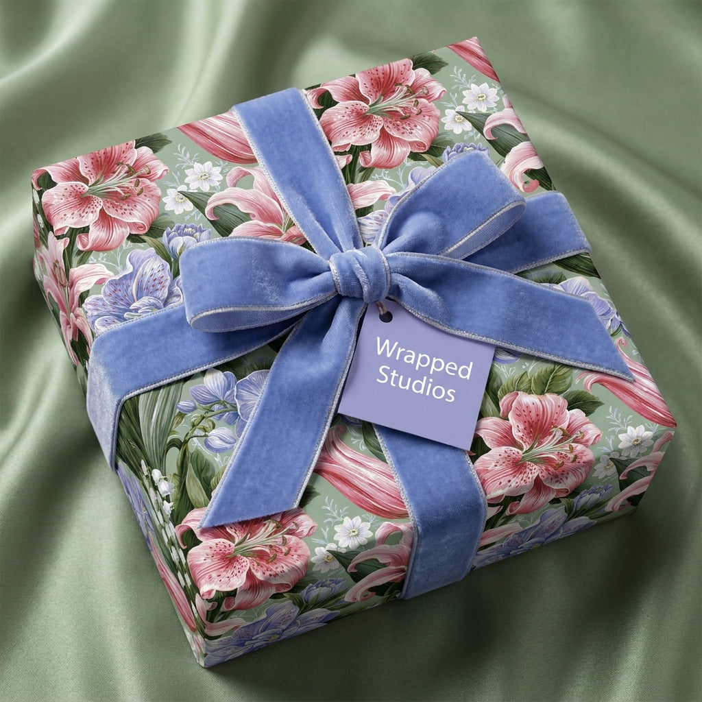 Luxury floral wrapping paper with pink lilies and a blue velvet bow by Wrapped Studios.