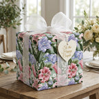 Elegant floral wedding wrapping paper with pink lilies and white bow by Wrapped Studios.