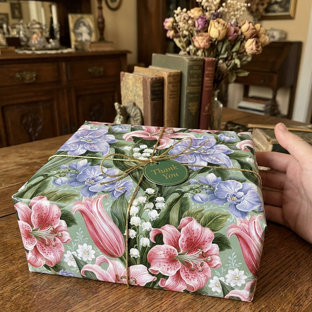 Elegant vintage floral wrapping paper with pink lilies and gold string, by Wrapped Studios.