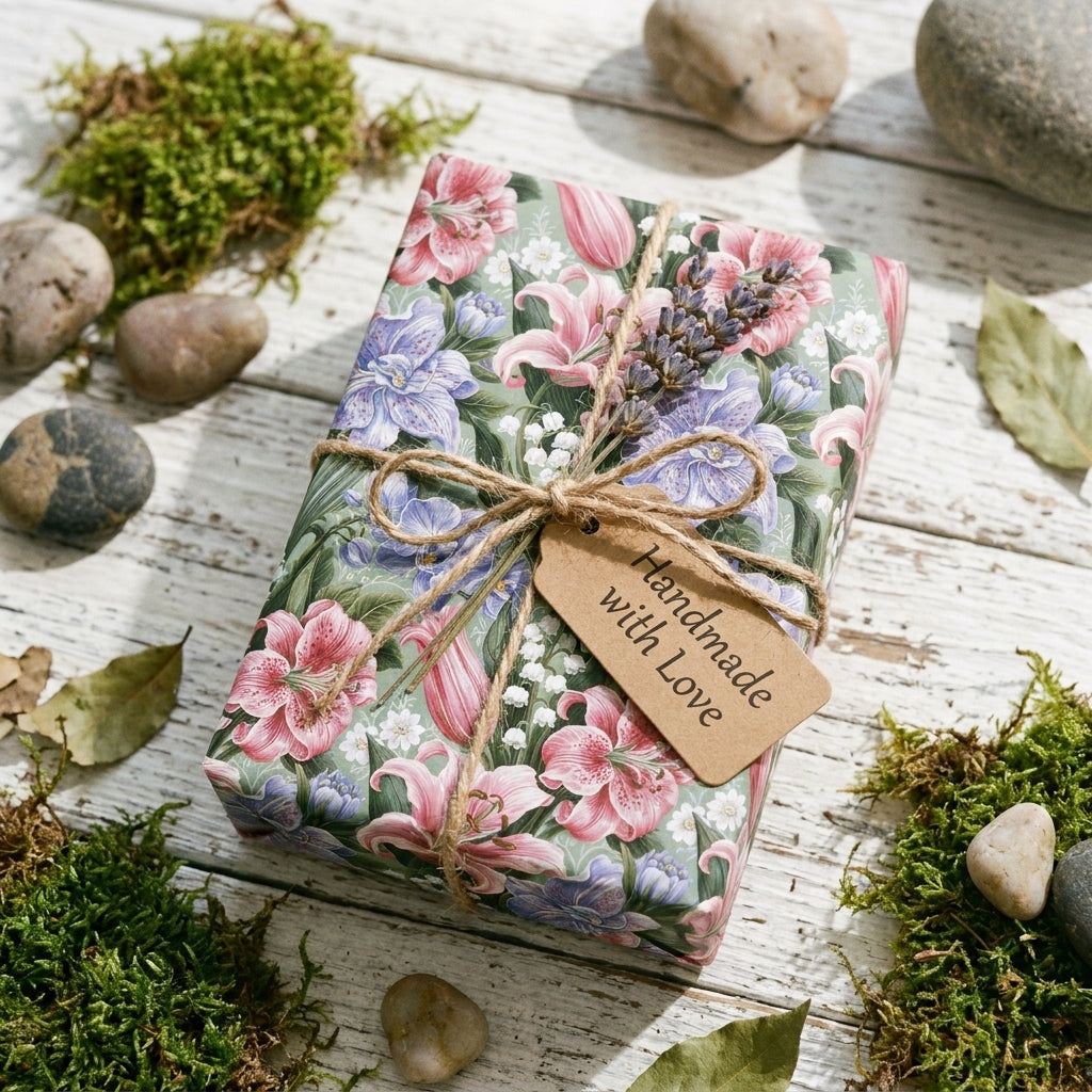 Vintage floral wrapping paper with pink lilies, rustic twine, and a kraft gift tag by Wrapped Studios.