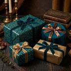 Luxury green botanical wrapping paper and gold gift boxes with velvet ribbons by Wrapped Studios.