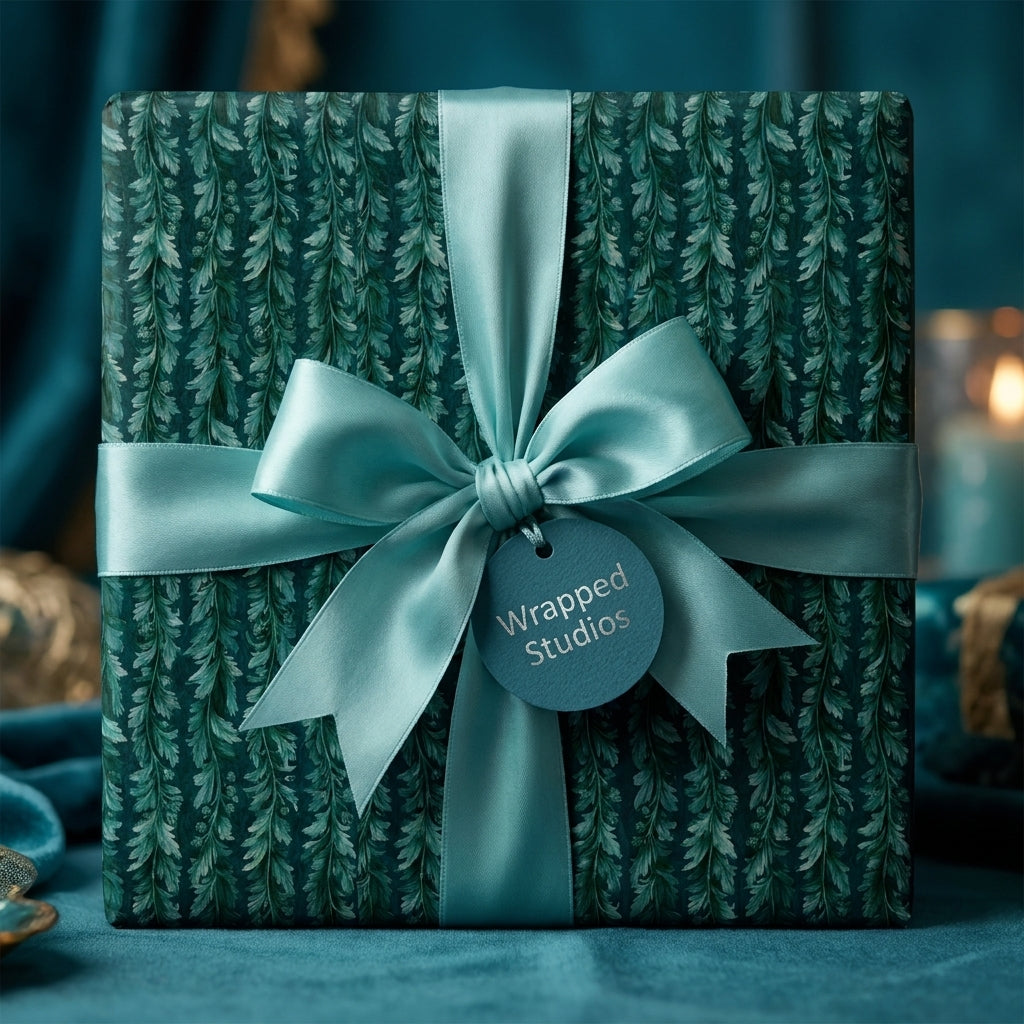 Luxury botanical Christmas wrapping paper with a teal satin bow by Wrapped Studios.