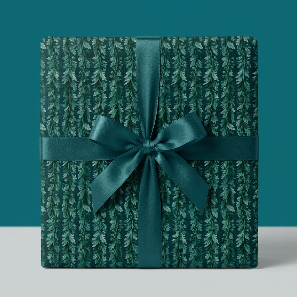 Luxury teal botanical wrapping paper with a matching satin ribbon by Wrapped Studios.