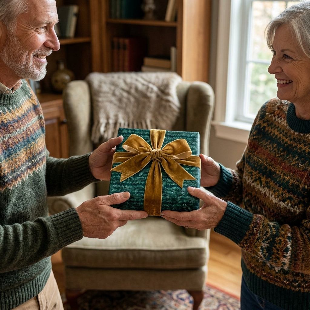 Senior couple holding a gift in luxury forest green wrapping paper with a gold velvet bow by Wrapped Studios.