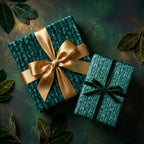 Luxury green botanical Christmas wrapping paper with gold satin bow by Wrapped Studios.