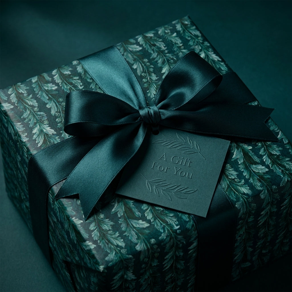 Dark green botanical luxury gift wrap with a satin ribbon and embossed tag by Wrapped Studios.