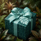 Luxury botanical wrapping paper with tropical leaf pattern and a teal ribbon by Wrapped Studios.