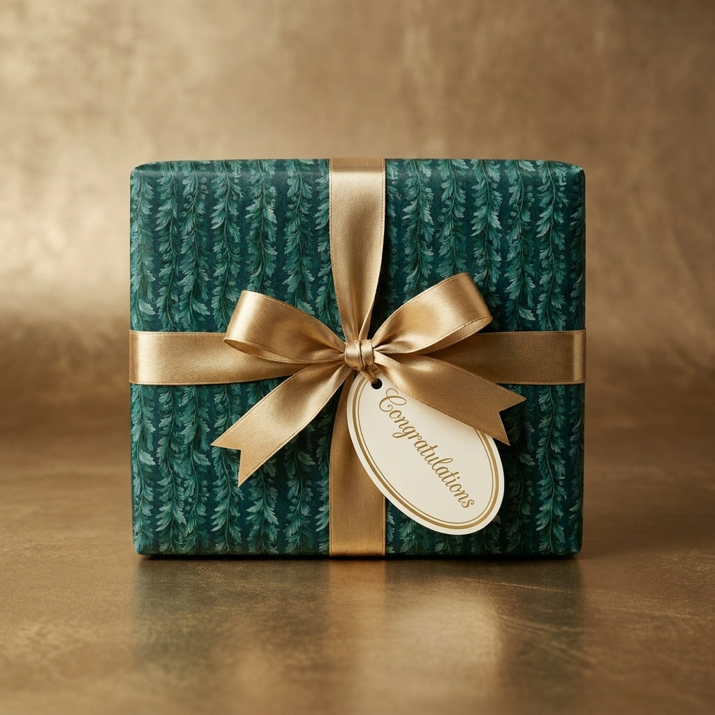 Luxury green botanical gift wrap with a gold ribbon and congratulations tag by Wrapped Studios.
