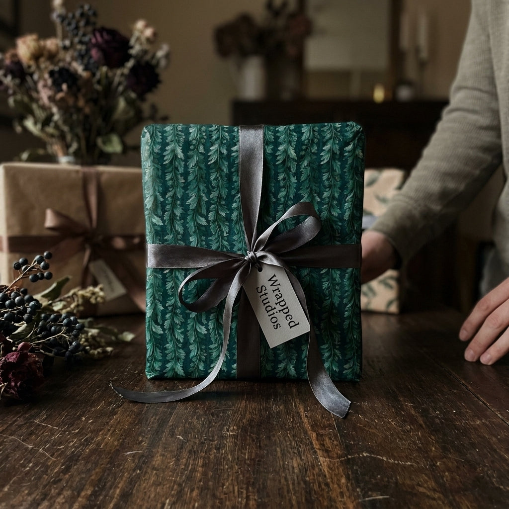 Luxury green botanical holiday gift wrap with grey ribbon on a rustic table by Wrapped Studios.