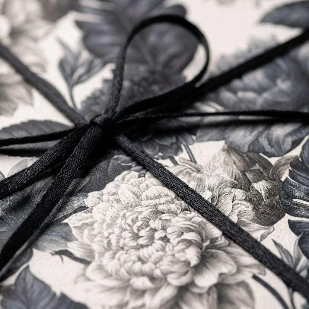 Luxury vintage floral wrapping paper in black and white, tied with a thin black ribbon bow by Wrapped Studios.