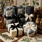 Vintage floral wrapping paper and luxury black gift wrap on boxes with elegant ribbons by Wrapped Studios.