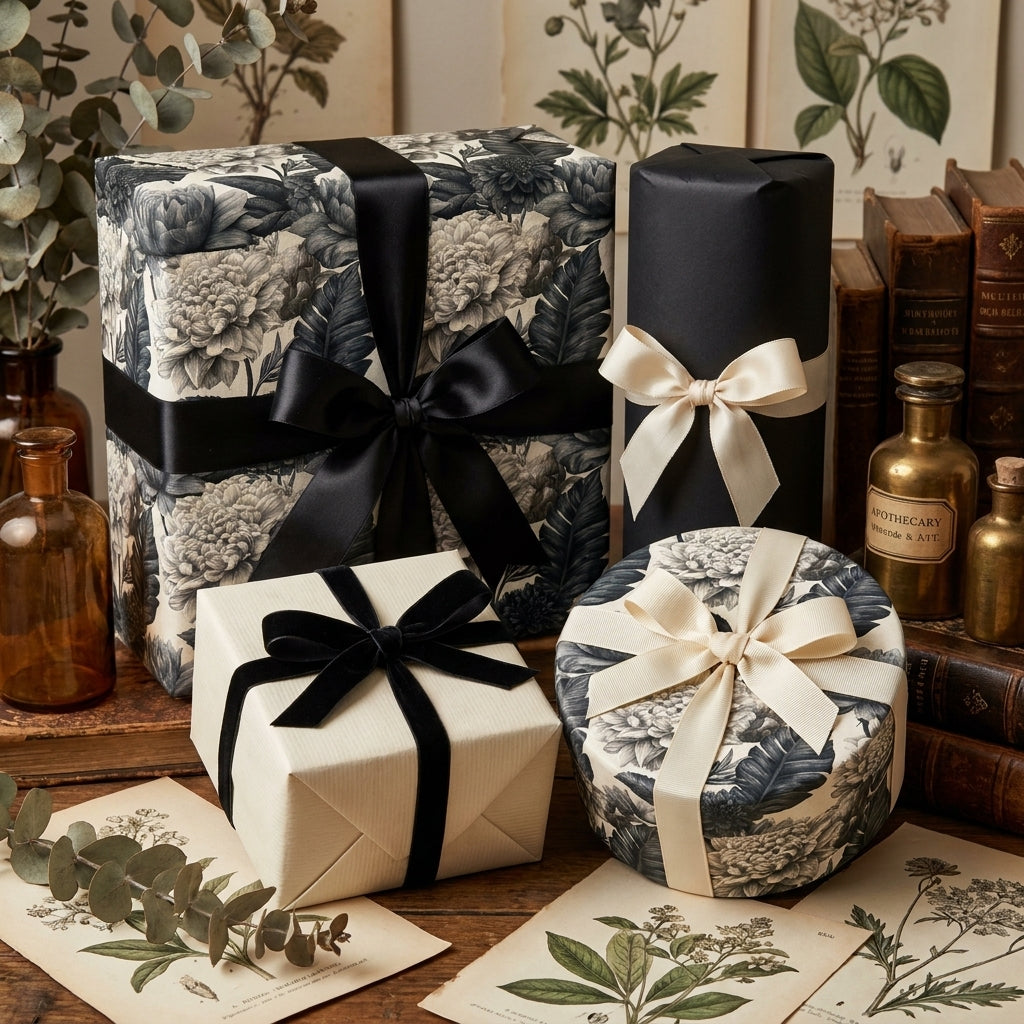 Vintage floral wrapping paper and luxury black gift wrap on boxes with elegant ribbons by Wrapped Studios.