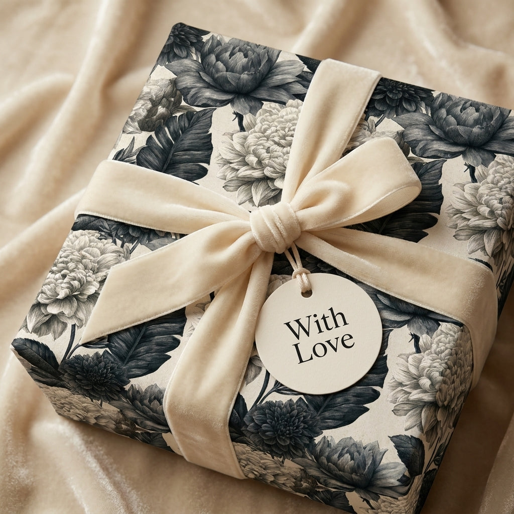 Luxury black and cream floral wrapping paper with a velvet bow and gift tag by Wrapped Studios.