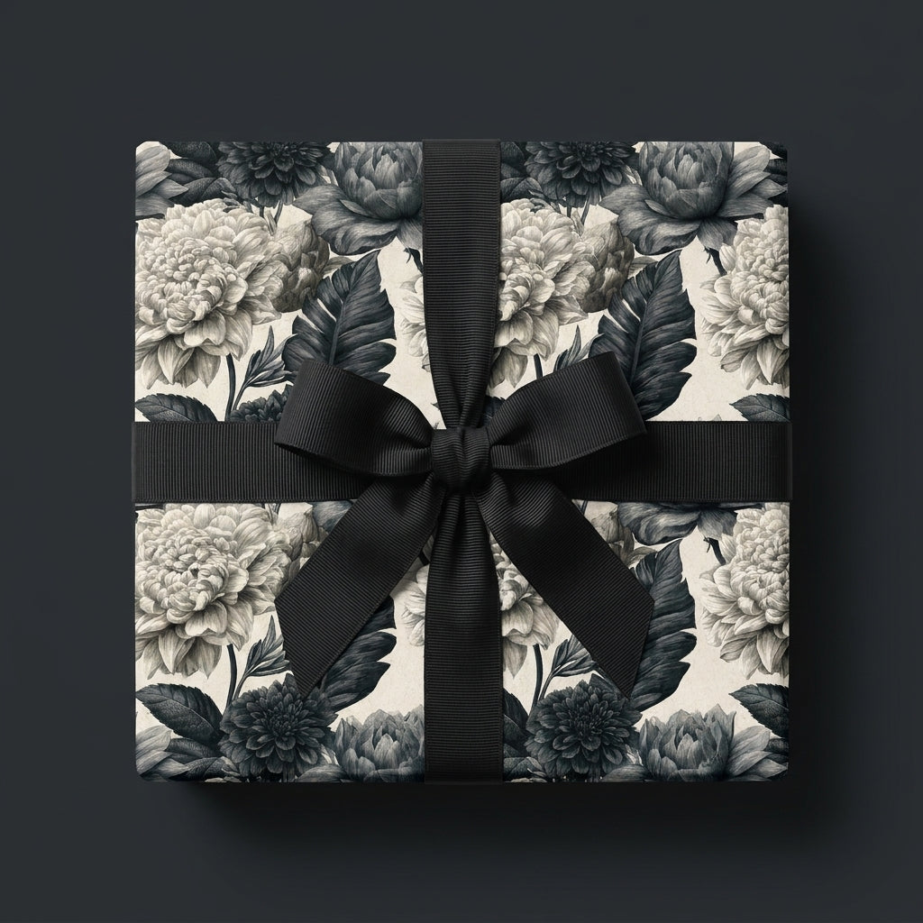 Luxury black and white floral wrapping paper with a black bow on a gift box, by Wrapped Studios.