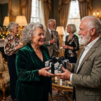 Black and white floral wrapping paper on holiday gift exchanged by elegant senior couple. Wrapped Studios.