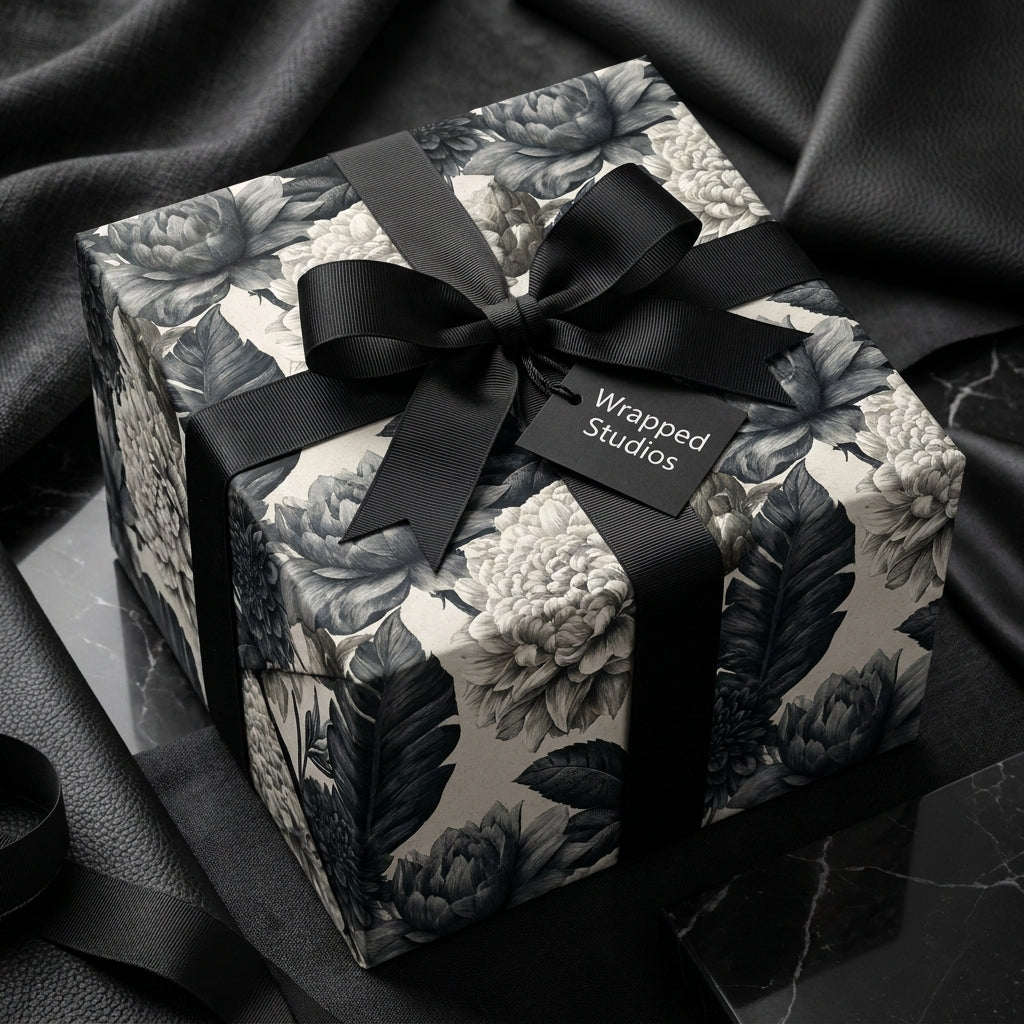 Luxury black and white floral wrapping paper from Wrapped Studios, tied with an elegant black bow.