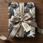 Luxury vintage floral wrapping paper with elegant satin ribbon and gift tag by Wrapped Studios.