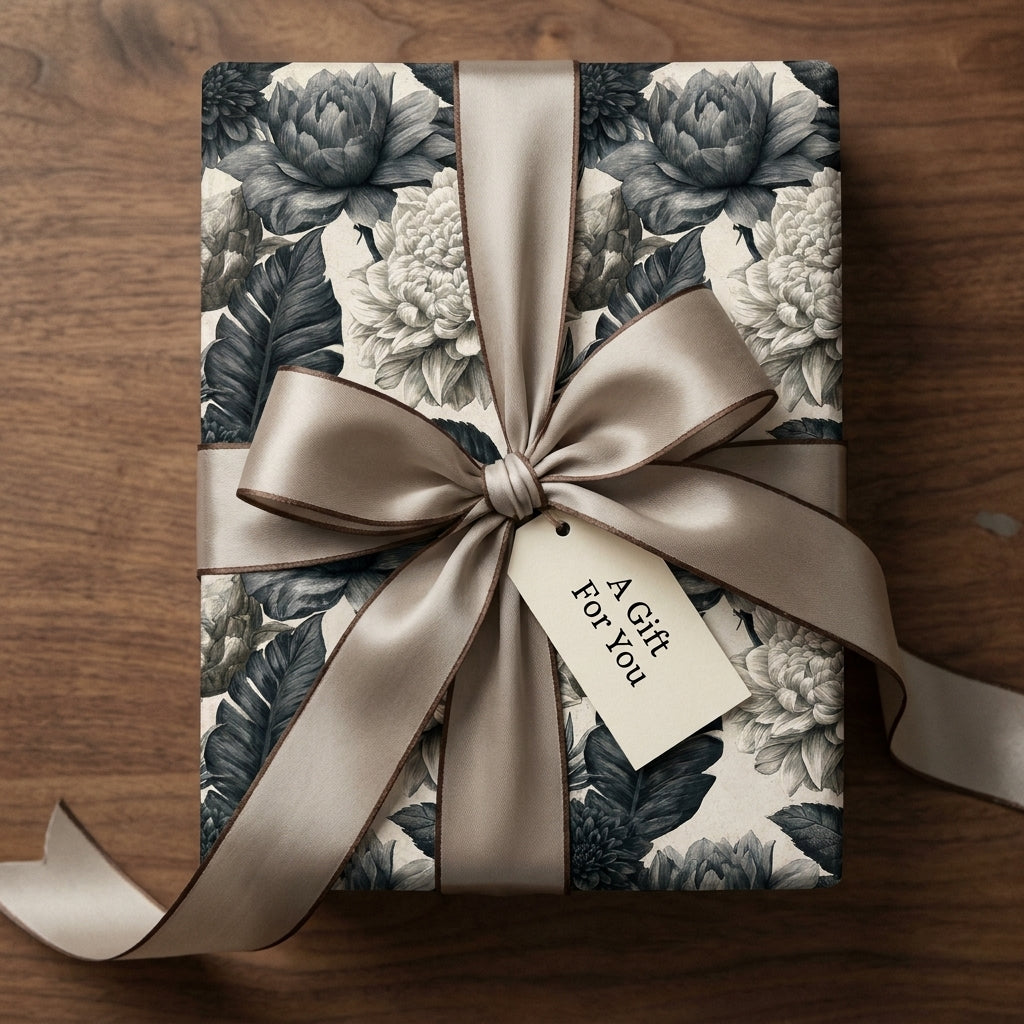 Luxury vintage floral wrapping paper with elegant satin ribbon and gift tag by Wrapped Studios.