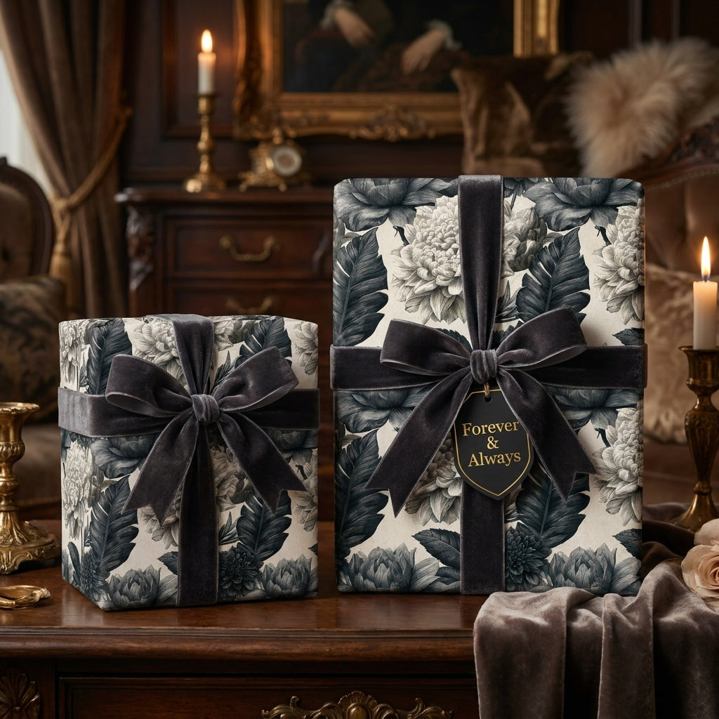 Moody floral wrapping paper with dark velvet bows on elegant wedding gifts by Wrapped Studios.