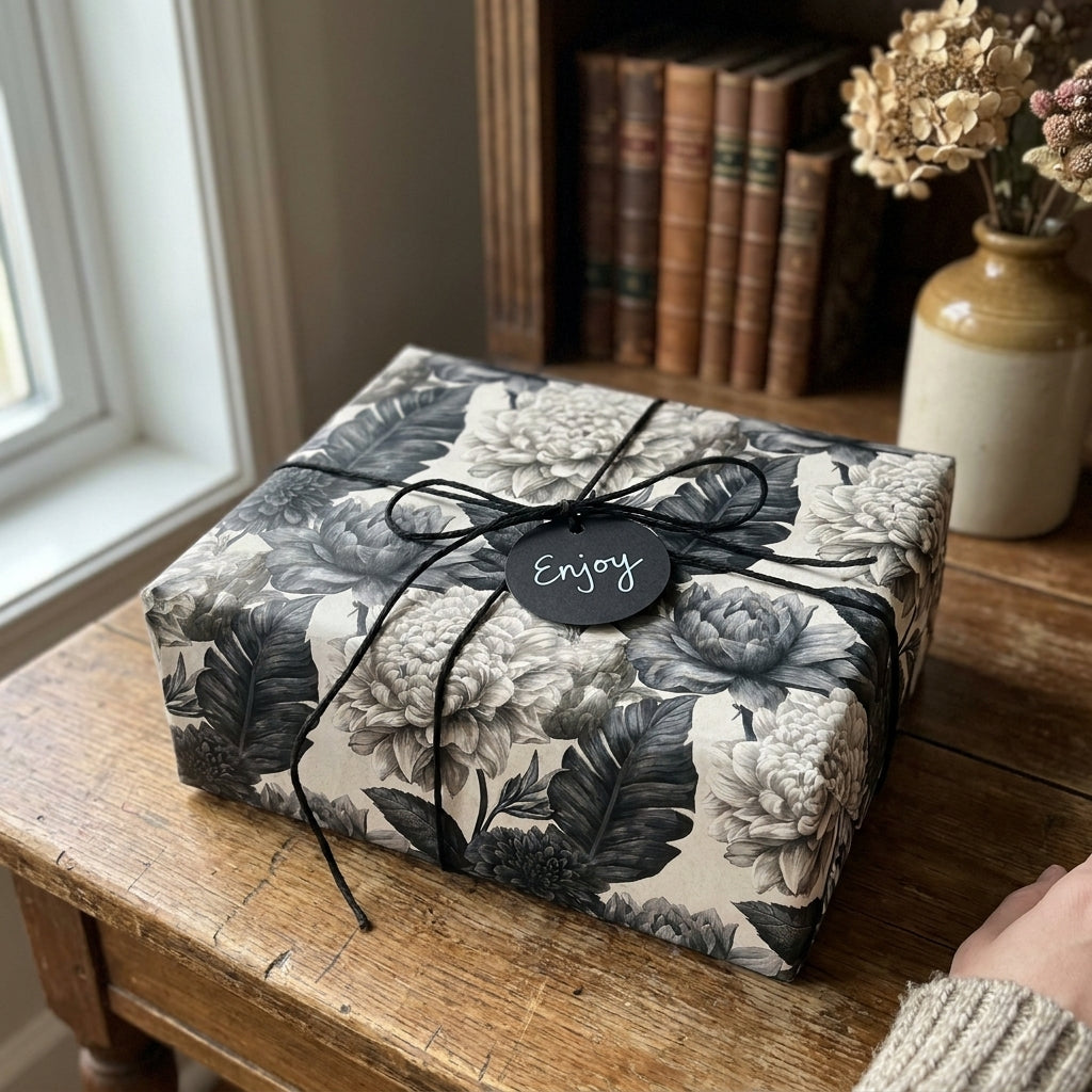 Vintage black and white floral wrapping paper by Wrapped Studios on a gift box with an 'Enjoy' tag.