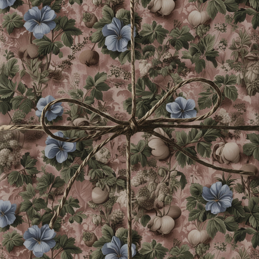 Elegant gift wrapped in vintage floral wrapping paper with twine bow.