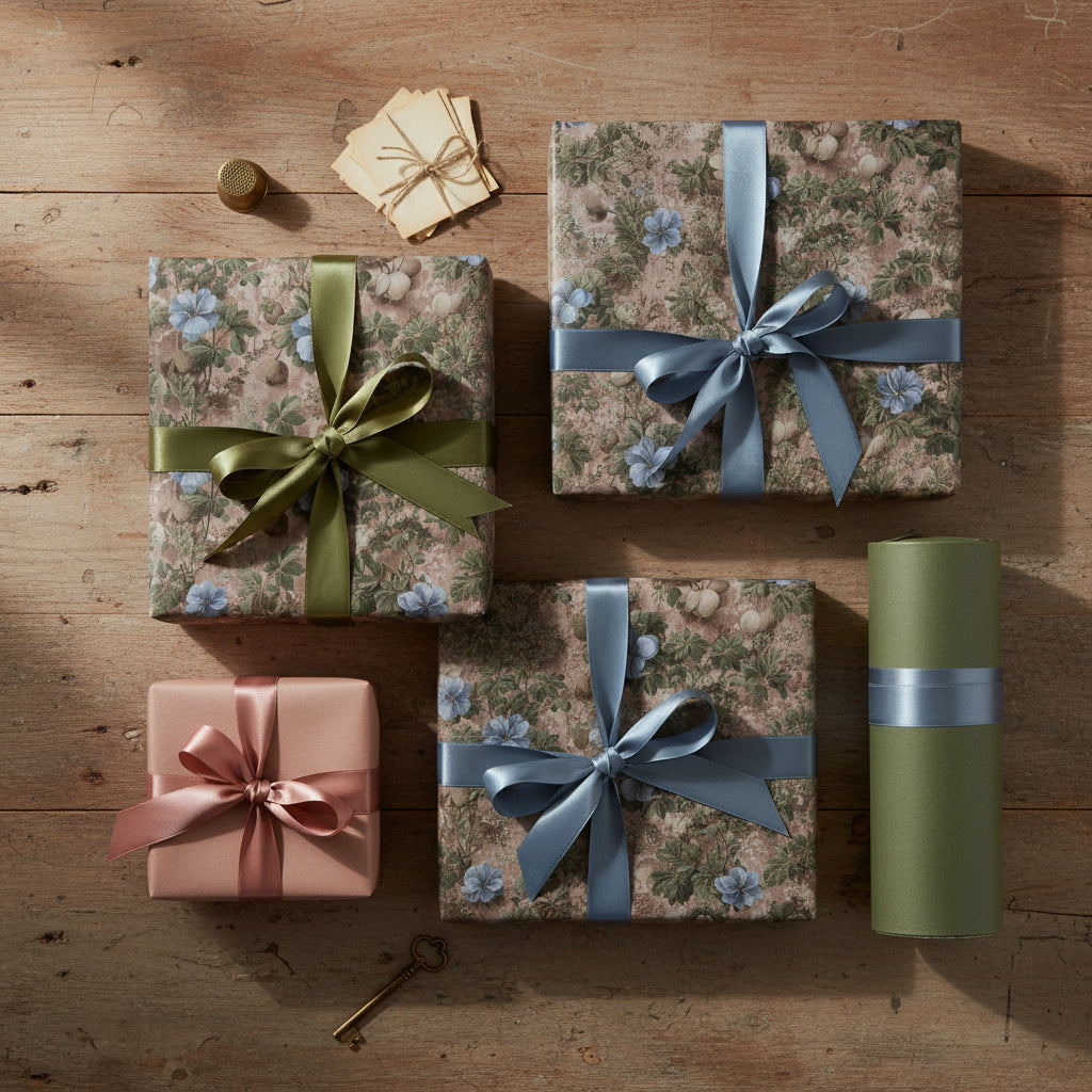 Elegant gifts wrapped in floral wrapping paper with blue and green ribbons on a rustic wood surface.