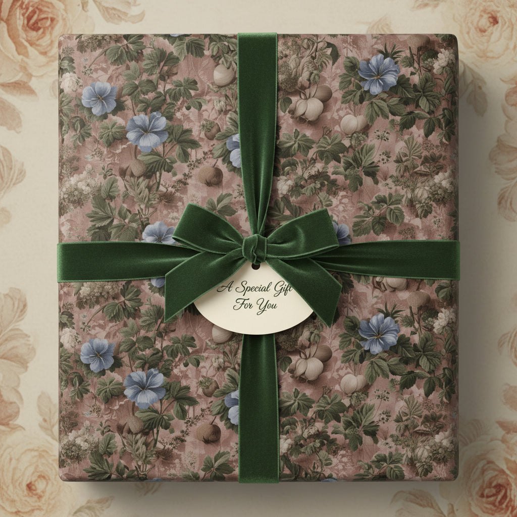 Elegant floral wrapping paper with a velvet green ribbon and gift tag for a special occasion.
