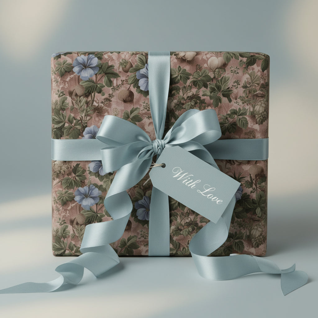 Square gift wrapped in vintage floral wrapping paper with blue ribbon and "With Love" tag.