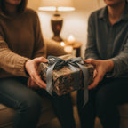 Exchanging gifts wrapped in elegant floral wrapping paper with a soft grey ribbon.
