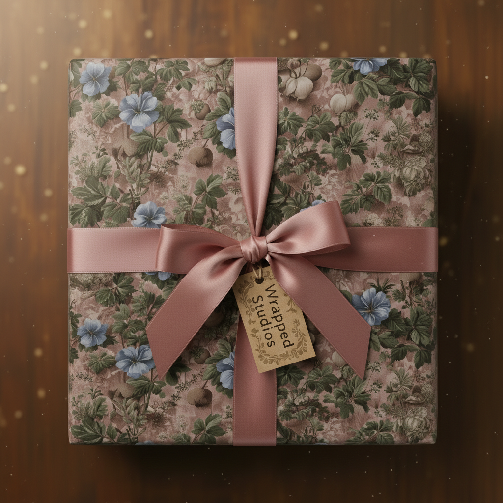 Elegant gift wrapped in floral wrapping paper with a mauve ribbon and bow on a wood table.