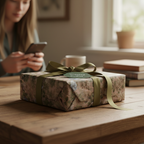 Elegant gift wrapped in floral wrapping paper with olive green ribbon, sitting on a wooden table.