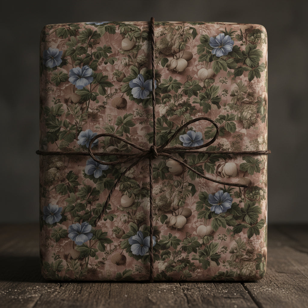 Elegant gift wrapped in vintage floral wrapping paper with brown twine on rustic wood.